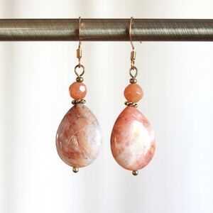 Handmade Natural Sunstone Teardrop Earrings Peach Orange Stone Boho Drop Hook E7